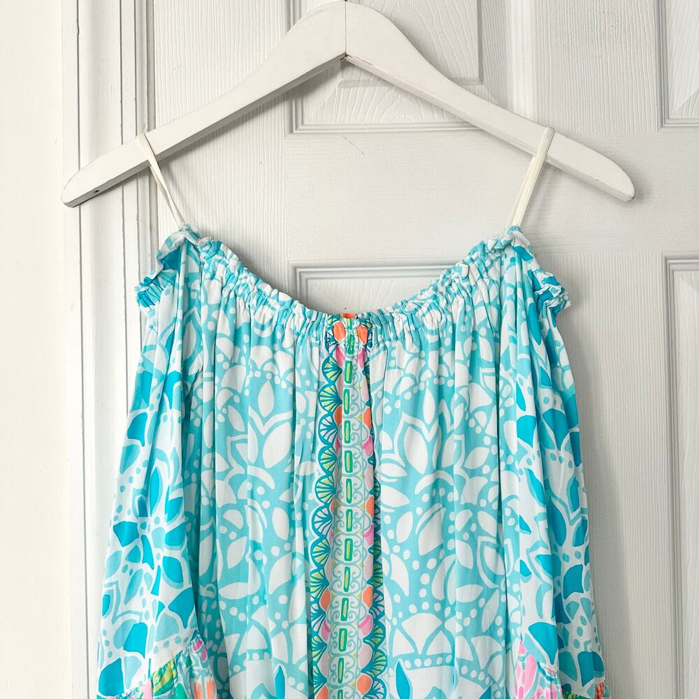 Lilly Pulitzer Nevie Blue Off Shoulder Bell Sleeve Dress Multi Caribbean Citrus - Picture 9 of 9